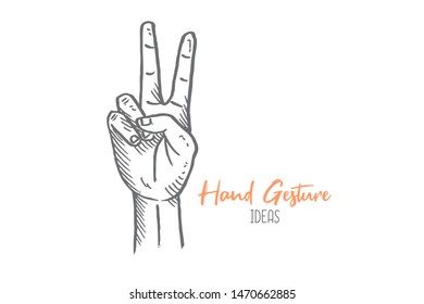 Hand drawn of young person forming victory or peace, number two finger shape. V hands gesture sketch concept vector illustration. Isolated design with white background