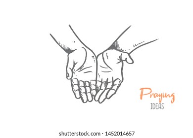 Hand drawn of young person open his hand to pray, hope, ask, request to the God. Submission and pilgrimage hands gesture sketch concept vector illustration. Isolated design with white background. 