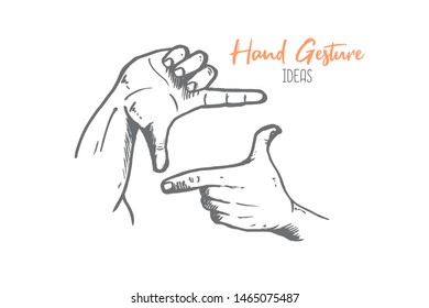 Hand drawn of young person posing rectangle shape with the fingers. Photographer focus pose hands gesture sketch concept vector illustration. Isolated design with white background