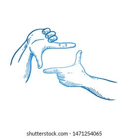 Hand drawn of young person posing rectangle shape with the fingers. Photographer focus pose hands gesture sketch concept vector illustration. Isolated design with white background