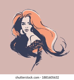 Hand drawn young red head woman with earrings. Sketching fashion portrait. Colorful illustration in vintage style. 
