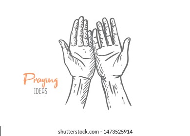 Hand drawn of young religious faithful person praying to God. Asking hands gesture sketch concept vector illustration. Isolated design with white background