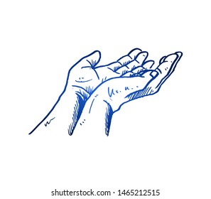 Hand drawn of young religious person open the hand praying to the God. Hope, pilgrimage and submission hands gesture sketch concept vector illustration. Isolated design with white background