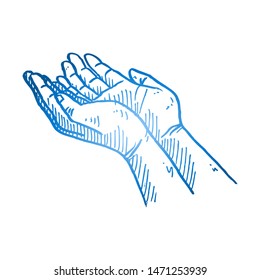 Hand drawn of young religious person open the hand praying to the God. Hope, pilgrimage and submission hands gesture sketch concept vector illustration. Isolated design with white background