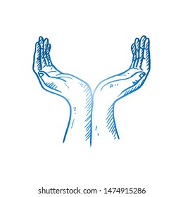 Hand drawn of young religious person open hands like tree to pray. Pilgrimage to God hands gesture sketch concept vector illustration. Isolated design with white background