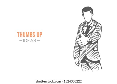 Hand drawn of young sales manager giving thumbs up gesture while presentation at meeting. Success business performance sketch concept vector illustration. Isolated design with white background