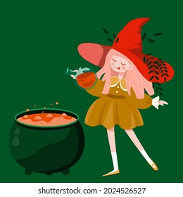 hand drawn young witch adding potion to cauldron