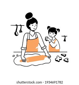 Hand drawn young woman and child cooking together. Cartoon character smiling and cute. Doodle sketch style illustration. Concept of mom and daughter, cooking with kids, family lifestyle.