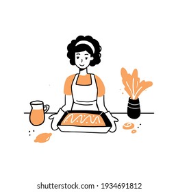 Hand dibujó a una joven mujer cocinando pastel en la cocina. Caricatura sonriente con delantal. Ilustración del estilo de dibujo de Doodle. Concepto de comida casera, preparar la cena.