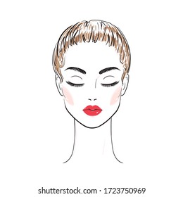 Hand drawn Young woman face. Beautiful girl with red lips on a white background.Stock Vector isolated illustration. Glamour fashion beauty illustration.Sketch.