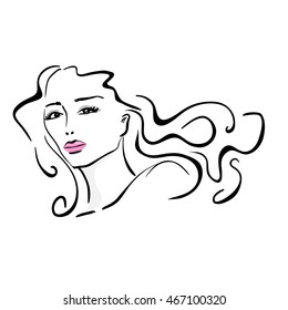 Hand drawn young woman face. Isolated on white background