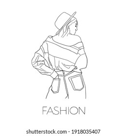 Hand drawn young woman and hands in pockets  Fashion girl in casual stylish clothes  Young woman  Sketch  Fashion illustration 