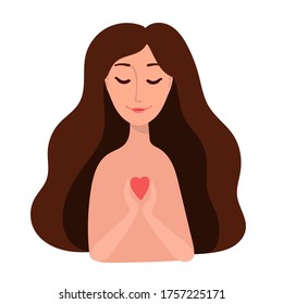Hand drawn young woman holding a red heart in her hands