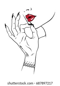 Hand drawn young woman holding fingers in smoking gesture isolated on white background. Flash tattoo or print design cannabis vector illustration.