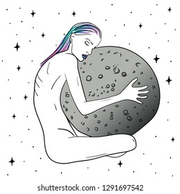 Hand Drawn young woman with moon in the hands. Doodle card. Illustrations Drawing a Vector Sketch for textile, print, postcard, poster, apparel, t-shirt