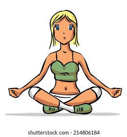 Hand drawn Young woman practicing yoga isolated on white