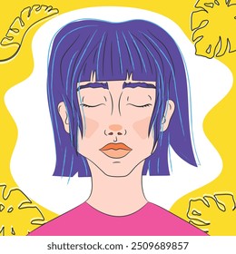 Hand drawn young woman with purple hair and with closed eyes. Cartoon girl portrait in yellow leaves. Vector illustration