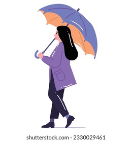 Hand Drawn young woman walking with umbrella in flat style isolated on background
