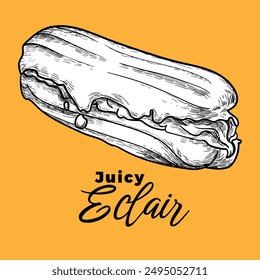 Hand drawn yummy creamy eclair with glaze and filling. Easy to edit and use vector food assets. Black outline, white fill in separate groups.