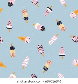 Hand drawn yummy seamless pattern with ice creams. Stylish summer design.