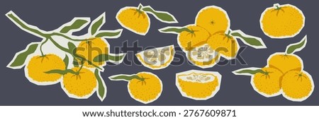 Hand drawn yuzu citrus sticker collection with fruits slices and leafy branches in asian style vector illustration with white outline on dark background for packaging logo icon set and food branding