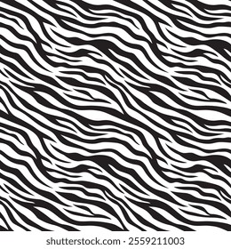 Hand drawn zebra skin thin stripes seamless pattern. Safari black and white african wildlife animal print