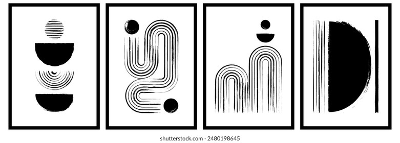Conjunto de póster de arco zen dibujado a mano. Arco geométrico de línea y composición de forma de círculo con textura de pincel de tinta negra. Ilustración vectorial de moda para impresión, decoración de pared o cubierta. Sin IA