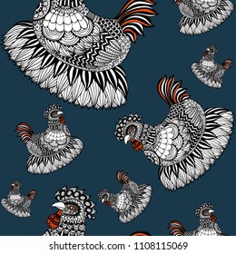 Hand drawn Zen art of chicken in seamless pattern.