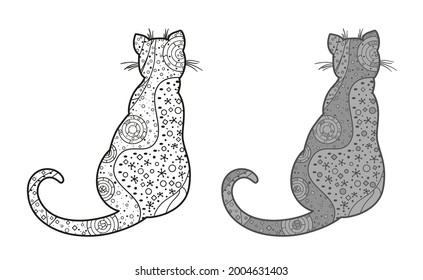 Hand drawn zen cat with abstract patterns on isolated background. Different color options. Black and white illustration