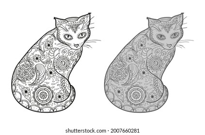Hand drawn zen cat with abstract patterns on isolated background. Different color options. Black and white illustration