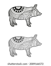 Hand drawn zen pig with abstract patterns on isolated background. Design for spiritual relaxation for adults. Freehand art. Different color options. Black and white illustration