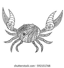 Hand drawn zen tangle crab for coloring page.  Ornamental pattern for relax and meditation. Made by trace from sketch.