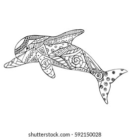 Hand drawn zen tangle dolphin for coloring book page.  Ornamental pattern for relax and meditation. Made by trace from sketch.