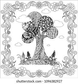 Hand drawn zen tangle monochrome stylized tree in floral frame, stock vector illustration for web, for print, for coloring page, for antistress page