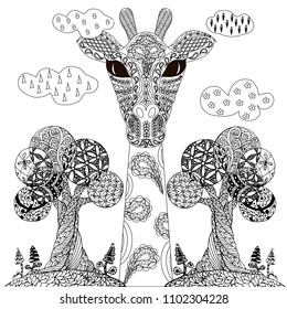 Hand drawn zen tangle monochrome stylized tree, giraffe stock vector illustration design element for web, for print, for coloring book, for antistress page