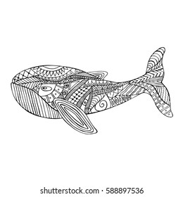 Hand drawn zen tangle whale for coloring page.  Ornamental pattern for relax and meditation. Made by trace from sketch.