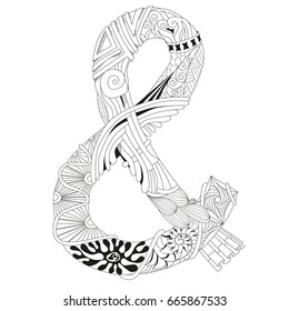 Hand drawn zentangle ampersand for coloring page.