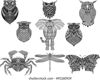 Hand drawn zentangle animals for adult Coloring Page in style, tattoo, illustration with high details isolated on white background. Vector monochrome sketch.