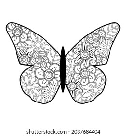Hand drawn zentangle butterfly illustration. Decorative abstract doodle design element. Coloring book for adults