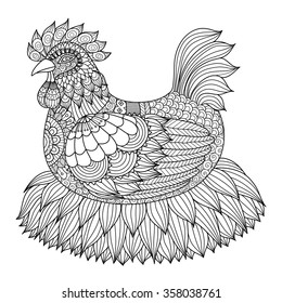 Hand drawn zentangle chicken for coloring book for adult