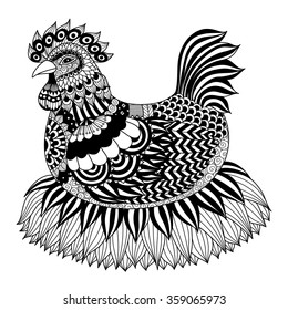 Hand drawn zentangle chicken for coloring book for adult