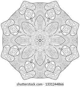 Hand drawn zentangle circular ornament for coloring page.