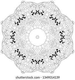 Hand drawn zentangle circular ornament for coloring page.