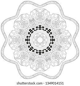 Hand drawn zentangle circular ornament for coloring page.