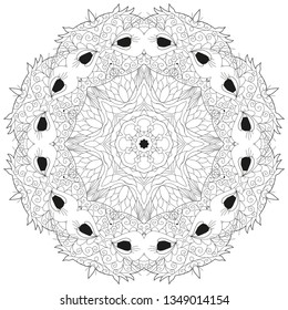 Hand drawn zentangle circular ornament for coloring page.