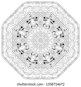 Hand drawn zentangle circular ornament for coloring page.