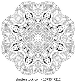 Hand drawn zentangle circular ornament for coloring page.
