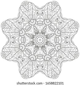 Hand drawn zentangle circular ornament for coloring page.