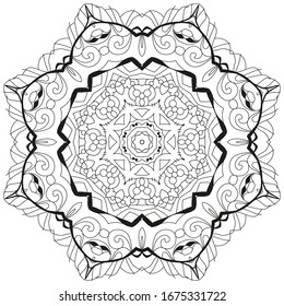 Hand drawn zentangle circular ornament for coloring page.