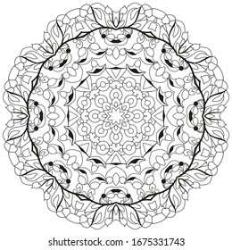 Hand drawn zentangle circular ornament for coloring page.